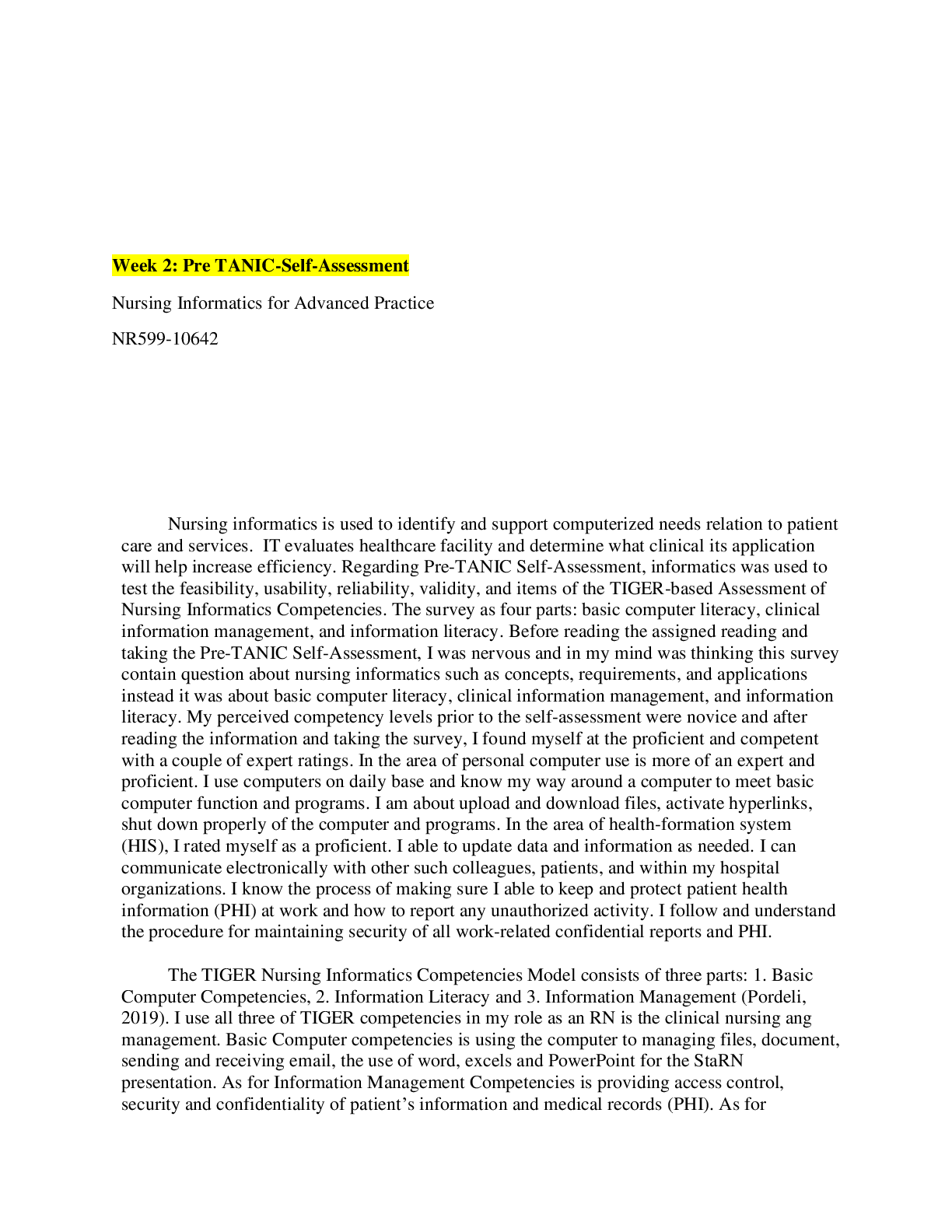 Preview image for NR 599 Week 2: Pre TANIC-Self-Assessment